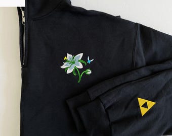 Silent Princess Flower Embroidered Quater Zip Sweater, Legend of Zelda Sweatshirt, Video Gaming Gifts
