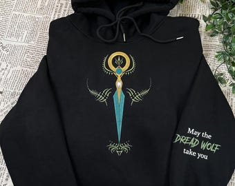 Solas' Lyrium Dagger with Dirthamen Vallaslin Embroidered Sweater, May The Dread Wolf Take You Dragon Age Sweatshirt and Hoodie
