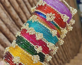 8 Ghunghru Glass Bangles Set: Size 2.2, 2.4, 2.6, 2.8, 2.10 Indian Pakistan Bridal Chura, Bollywood Bangles