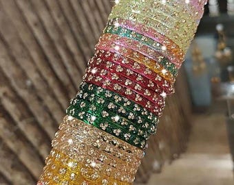 Glass Kada Bangles Set: Size 2.2, 2.4, 2.6, 2.8, 2.10 Indian Wedding Churi Bracelets with Gold Beads