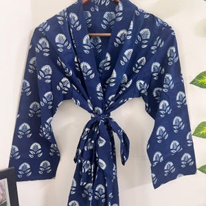 Indigo Cotton Block Print Kimono Robe, Robe for Women, Cotton Bathrobe, Beach Robe, Dressing Gown, Long Kimono Robe, Loungewear, Indian robe