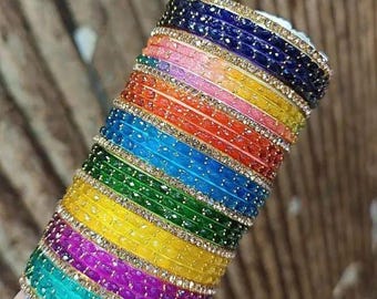 Kleurrijke glazen armbandenset | Indiase chudi bruidssieraden cadeau