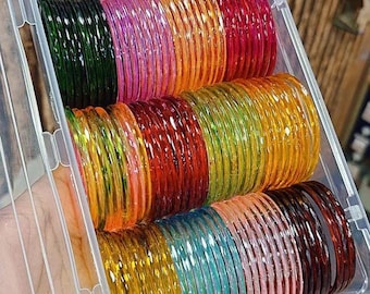 12 Set Colorful Glossy Glass Bangles : Indian Pakistan Wedding Braclets Churas