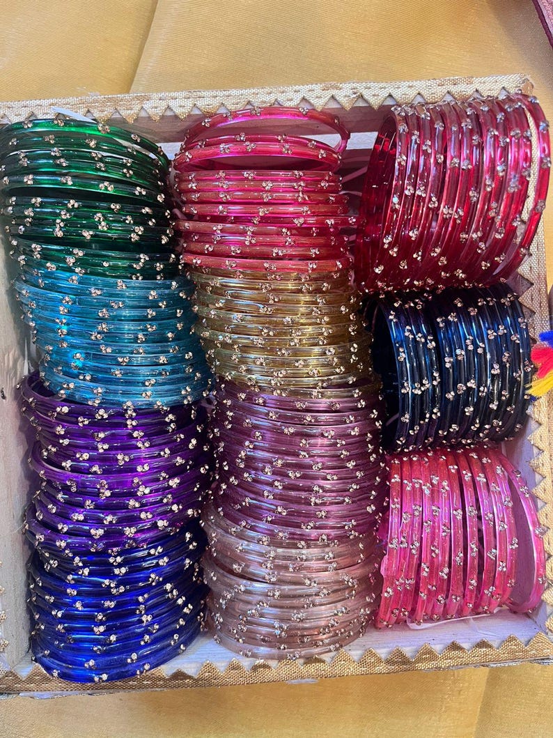 96 Glass Churi Bangles Set: India Pakistan Bridal Chura, Sizes 2.2-2.8 image 1