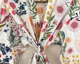 White Floral Cotton Robe: Indian Block Print Kimono Loungewear