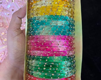 24 Bunte Glas Armreif Set: Größe 2.2, 2.4, 2.6, 2.8 Indian Pakistan Hochzeit Braut Churi Bollywood Bangle set, Indischer Schmuck