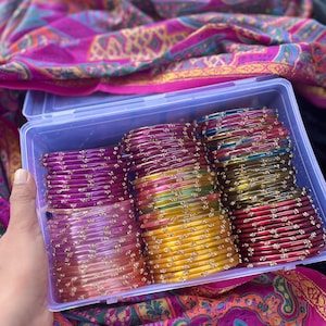 144 Colorful Glass Bangles Set: Indian Bridal Churi Box Size 2.2, 2.4, 2.6, 2.8
