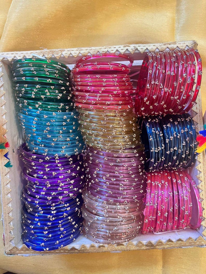 96 Glass Churi Bangles Set: India Pakistan Bridal Chura, Sizes 2.2-2.8 image 2