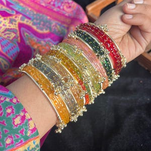 16 Gungroo Rainbow Glass Bangles Set: Ghungru Kada, Indian Wedding Chura Size 2.2, 2.4, 2.6, 2.8, 2.10