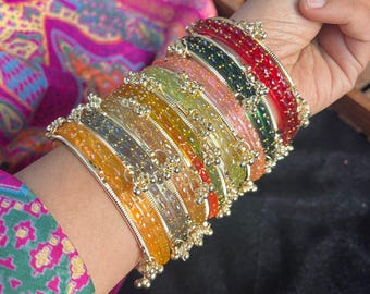 16 Gungroo Rainbow Glass Bangles Set: Ghungru Kada, Indian Wedding Chura Size 2.2, 2.4, 2.6, 2.8, 2.10
