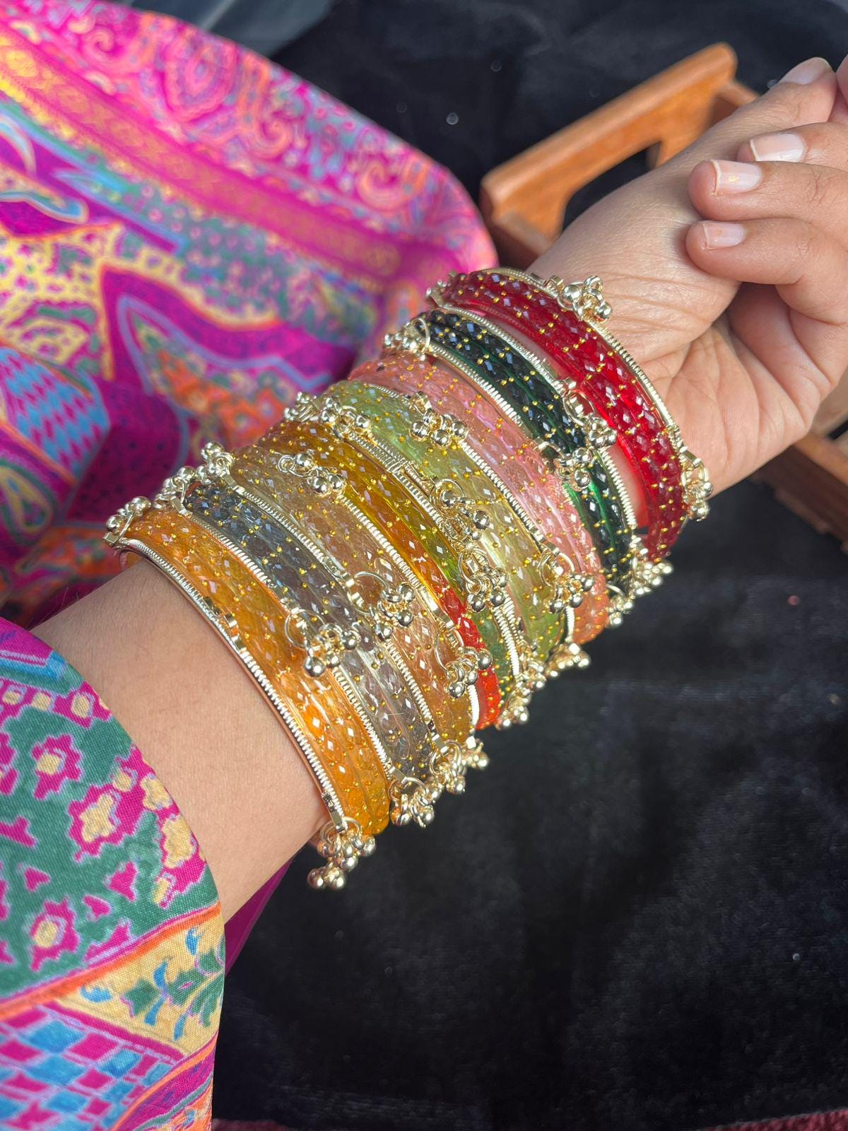 16 Gungroo Rainbow Glass Bangles Set: Ghungru Kada, Indian Wedding