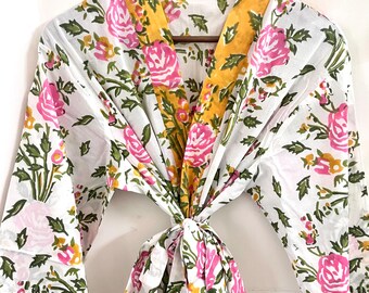 White Floral Block Print Cotton Kimono Robe - Loungewear Bathrobe