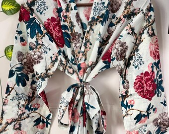 White Cotton Block Print Kimono Robe For Women