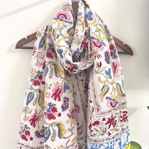 White Floral Block Print Cotton Scarf - Boho Beach Cotton Scarf - Gift For Her - Scarf For women - Handloom cotton Wrap - Cotton Neckwrap