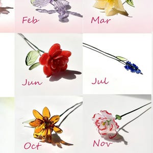 Peut inclure: Une collection de sculptures de fleurs en verre, chacune représentant un mois de l'année. Les fleurs sont de différentes couleurs, dont le blanc, le rouge, le jaune et le bleu, avec des tiges et des feuilles. Chaque fleur porte le nom du mois.