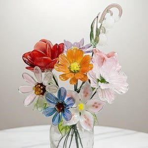Peut inclure: Un bouquet de fleurs en verre coloré dans un vase transparent. L'arrangement comprend des fleurs rouges, oranges, roses, bleues et blanches. Le vase est posé sur une surface blanche effet marbre, créant une présentation lumineuse et joyeuse.
