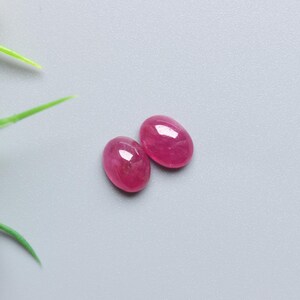 May include: Two oval-shaped, polished ruby gemstones with a vibrant red hue. The gemstones are displayed on a grey surface, with artificial greenery and flowers in the background. These gemstones are ideal for jewellery making.