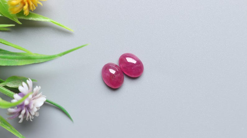 May include: Two oval-shaped, polished ruby gemstones with a vibrant red hue. The gemstones are displayed on a grey surface, with artificial greenery and flowers in the background. These gemstones are ideal for jewellery making.