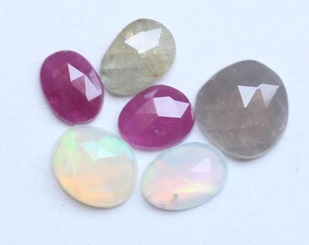 Ruby Opal Sapphire Rose Cut Faceted Cabochon 6 Piece Set Natural Loose Gems for Jewelry Making Ring Pendant, 7To9MM , Ct.6.30