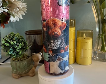 Vaso de 30 oz con tapa simple y diseño de vaca Moody con purpurina y patchwork