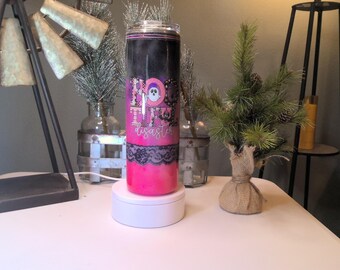 Vaso personalizado de Halloween de 30 oz con tapa individual, de acero inoxidable, rosa y negro, "Bootiful Disaster" (con descuento)