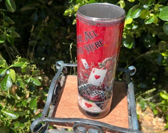 Vaso de 30 oz con tapa individual y diseño de Alicia en el País de las Maravillas, color negro y rojo con purpurina.