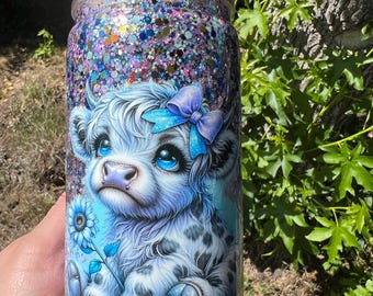 Vaso térmico Still Glitter Cow Snowglobe de 16 oz con doble tapa