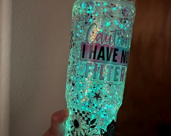 Vaso térmico brillante de 40 oz con asa, diseño de bola de nieve y purpurina "Precaución: No tengo filtro".