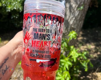 Vaso térmico de 40 oz con asa, diseño de bola de nieve, sangre y lava, basado en crímenes reales.