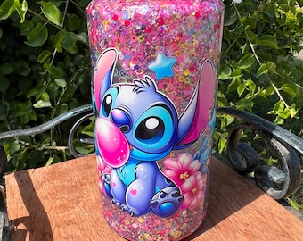 Vaso infantil de 283 ml con tapa abatible, diseño de cascada, Stitch, purpurina rosa y aceite azul.