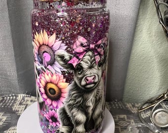 Vaso térmico personalizado con purpurina, diseño de bola de nieve, 473 ml (16 oz), vacas, purpurina rosa y morada de flujo lento, 2 tapas.