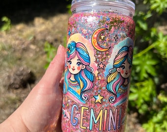 Vaso térmico de 16 oz con doble tapa, diseño de zodíaco Géminis, purpurina y globo de nieve.