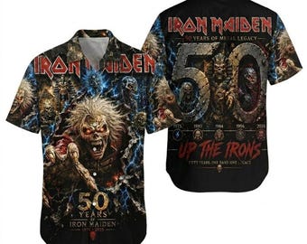 Iron Maiden 50th Anniversary Hawaiian Shirt, Heavy Metal Aloha Shirt, Rock Band Beach Shirt, Concert Fan Gift