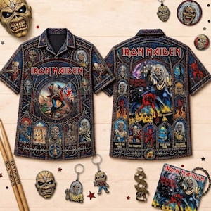 May include: A short-sleeve button-down shirt featuring an Iron Maiden stained glass graphic print, accompanied by an Eddie mask, two keychains, a metal emblem, and a square album cover art print, all displaying various band-themed illustrations.