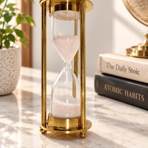 May include: A brass hourglass with clear glass bulbs containing fine white sand. The frame features four vertical pillars connecting circular top and bottom plates with small spherical feet. The text Vintcore Overseas is visible at the top.