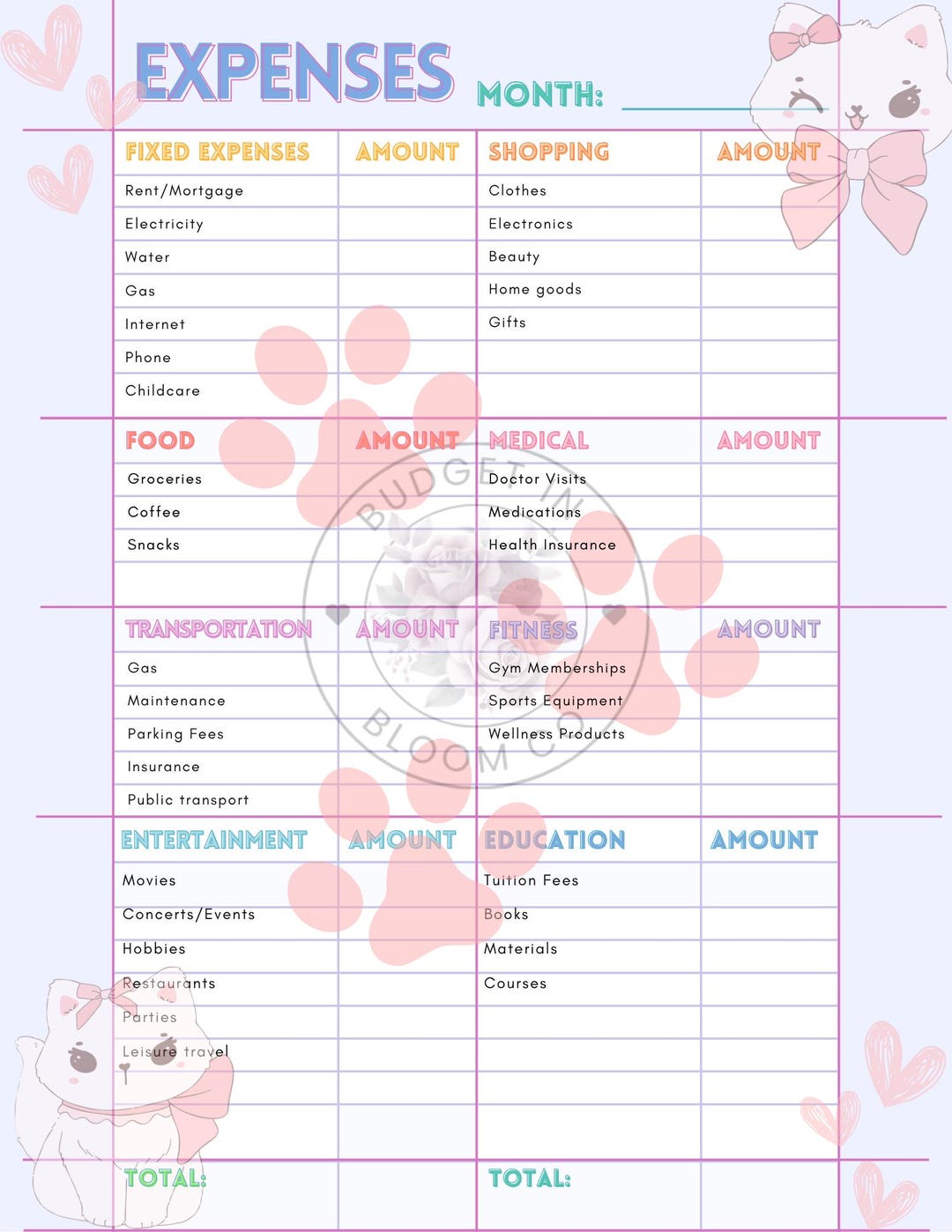 I Love Cats Cute Monthly Budgeting Sheet Template - Etsy