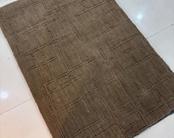 Hand Tufted Wool Rug – Brown Geometric Grid, Earth Tone Decor