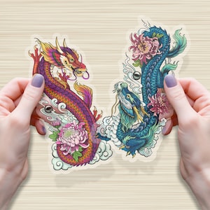 Dragon Pair Transparent Stickers, Eastern Dragon stickers, dragon art, Chinese dragon decal
