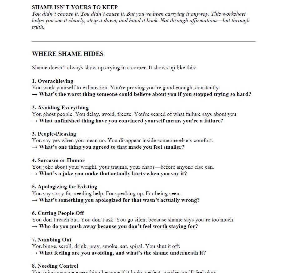 Shame Worksheet – Printable PDF for Therapy or Self-reflection - Etsy