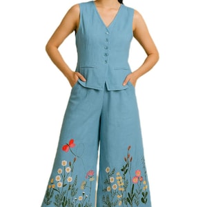 Hritvi fab tweedelige set van katoenen geborduurde bloemen dames, mouwloos hemd en wijde broek
