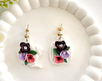 Handmade Tea Pot & Mug Earrings: Polymer Clay Floral Dangle