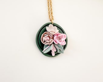 Handmade Polymer Clay Flower Necklace: Boho Pink Floral Pendant, Stainless Steel Chain