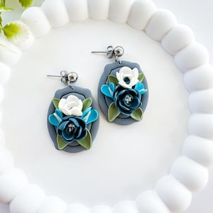 Handmade Blue Floral Earrings Polymer Clay Flower Dangle Spring earrings Wedding Clay Jewelry Boho earrings
