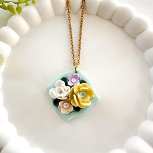 Handmade Spring Polymer Clay Floral Necklace: Stainless Steel Chain