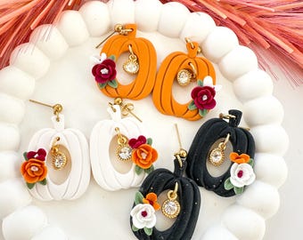 Handmade Pumpkin Earrings, Floral Polymer Clay Fall Jewelry