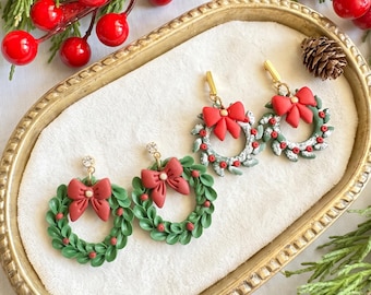 Christmas Wreath Earrings, Festive Red Bow Holiday Dangle Earrings, Handmade Polymer Clay Winter Jewelry
