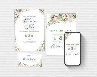 Olive Green Wedding Invitation Canva Template | Editable Kit with Save the Date, Story & Place Card | Romantic Watercolor Style | CA007