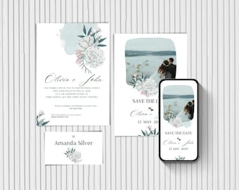 Floral Watercolor Wedding Invitation Kit | Editable Canva Template with Photo. Save the Date  | Botanical Soft Wedding Set. CAT006