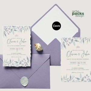 Invitación de boda de Canva color lavanda | Kit editable con reserva de fecha, historia y tarjeta de lugar | Estilo acuarela delicado y elegante