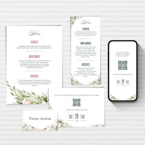 Pode incluir: Um conjunto de papelaria de casamento com um menu, um menu alto, um cartão, um cartão de nome e um smartphone exibindo um código QR. Os designs têm detalhes florais e o texto "Menu", "Starter", "Main Course" e "Desserts". A data "SÁB 29 FEV" também é visível.